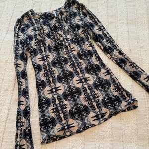 Free People Black and Cream Long Sleeve Top
